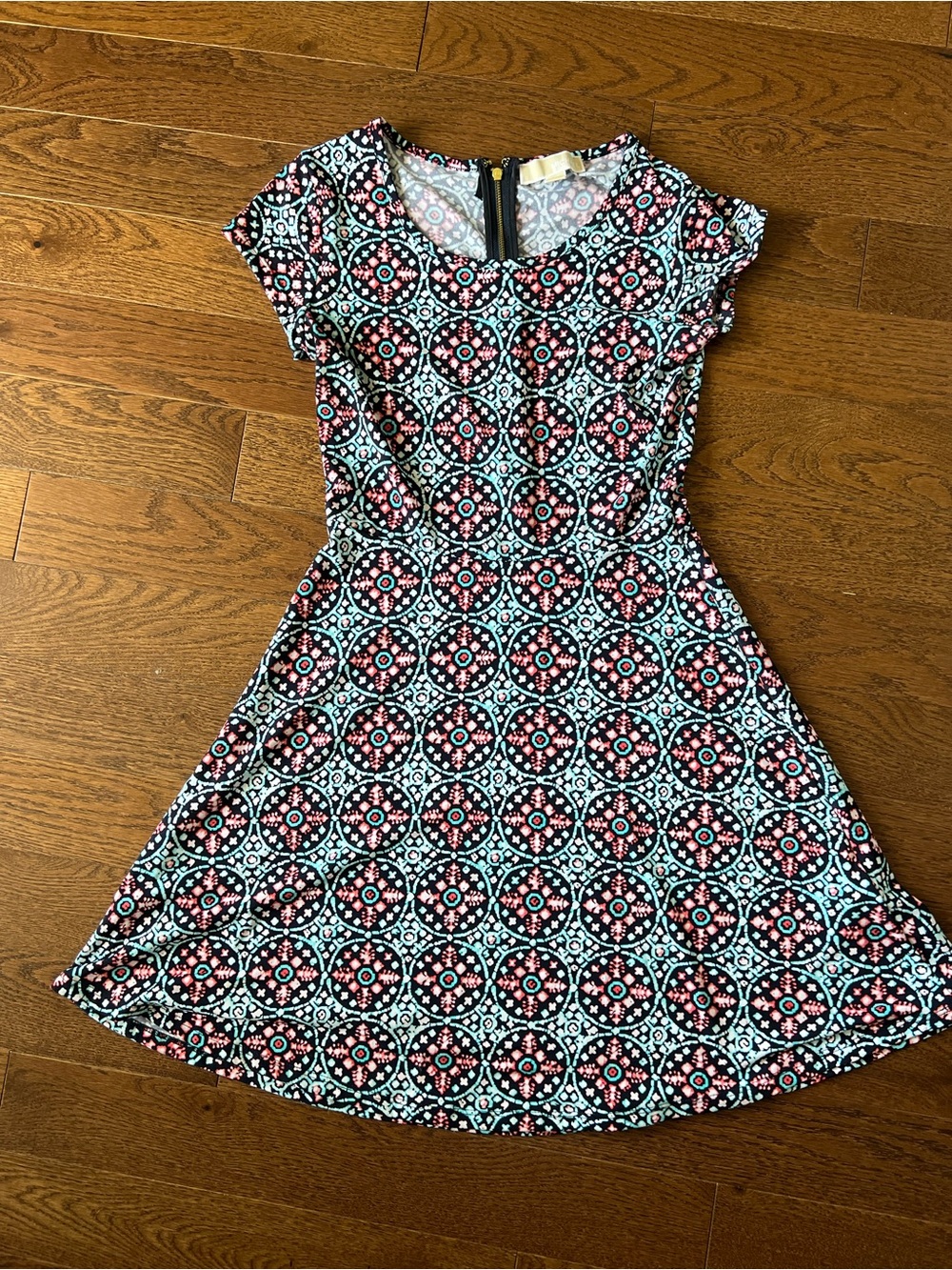 MICHAEL Michael Kors Black Fit-and-Flare Dress with Pink and Light Blue Pattern